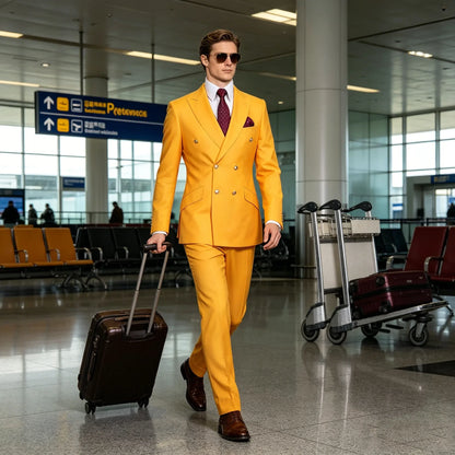 Men's Serge Suit 2 Piece Double Breasted Slim Fit Peak Lapel Gold Button High Quality Formal Blazer Pants Formal Business Weddin