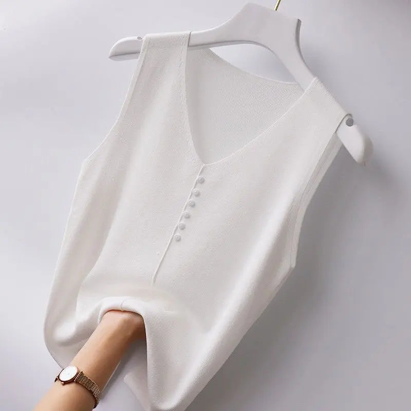 Summer Women's Tank Top Silk V-neck Wide Shoulder Strap Color Knitted Shirt Sleeveless Top Student Ice Silk Vest