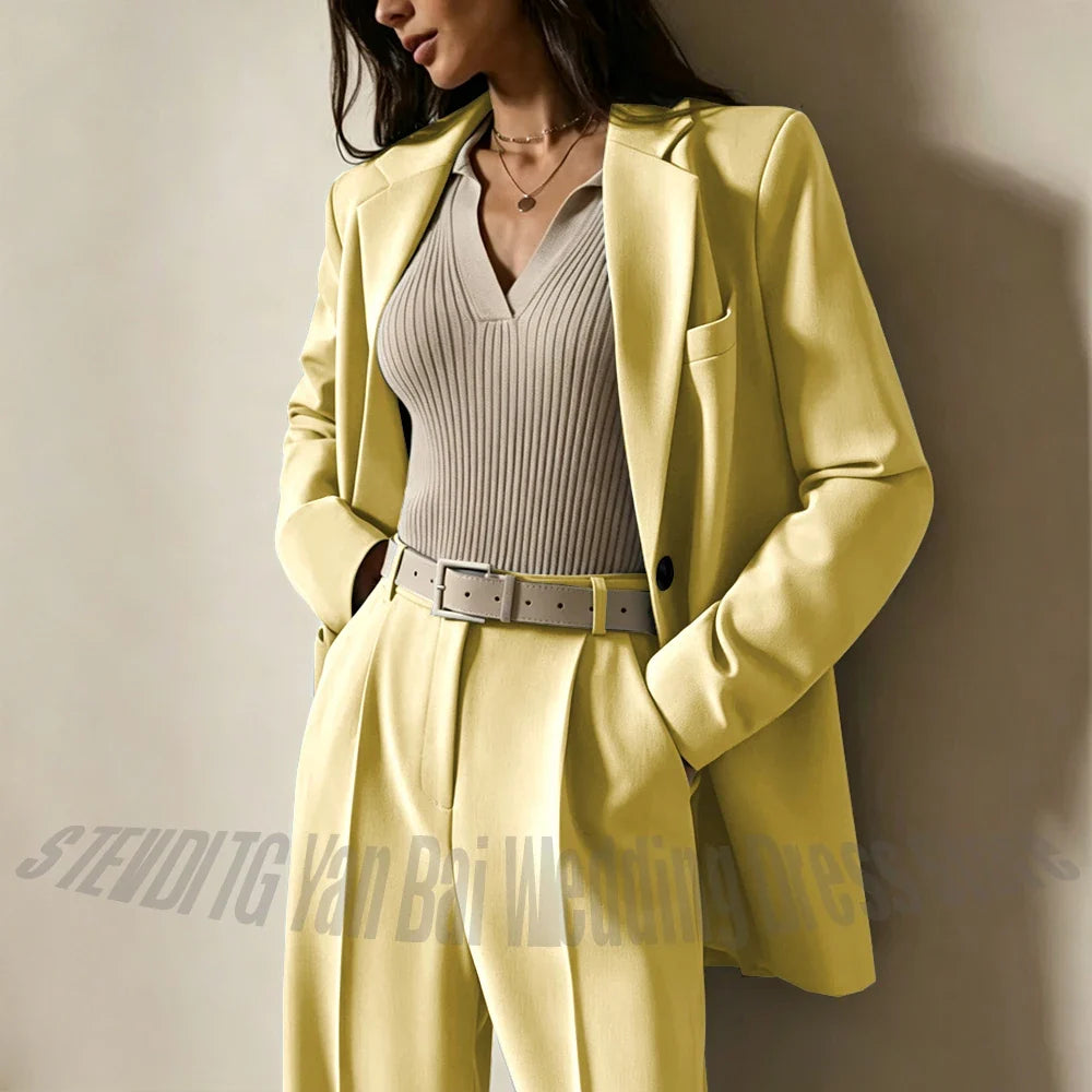 Dusty Blue Women Suits Casual Loose Single Breasted Blazer Pants 2 Piece Minimalist Fashion Office Daily Wear Outfit Set
