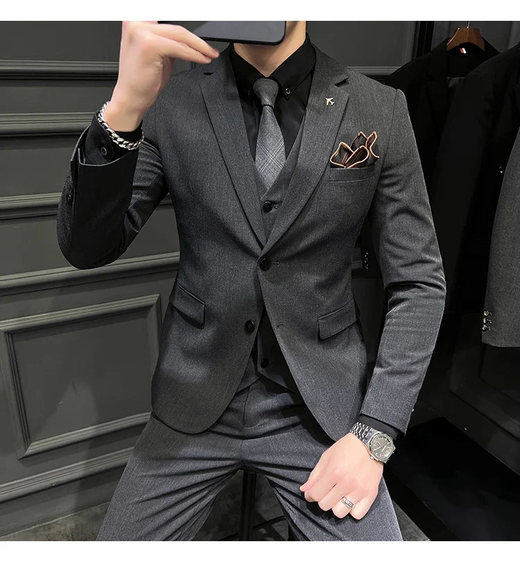 Men's Slim Fit 3-Piece Suit – Solid Color, Smart Casual & Wedding