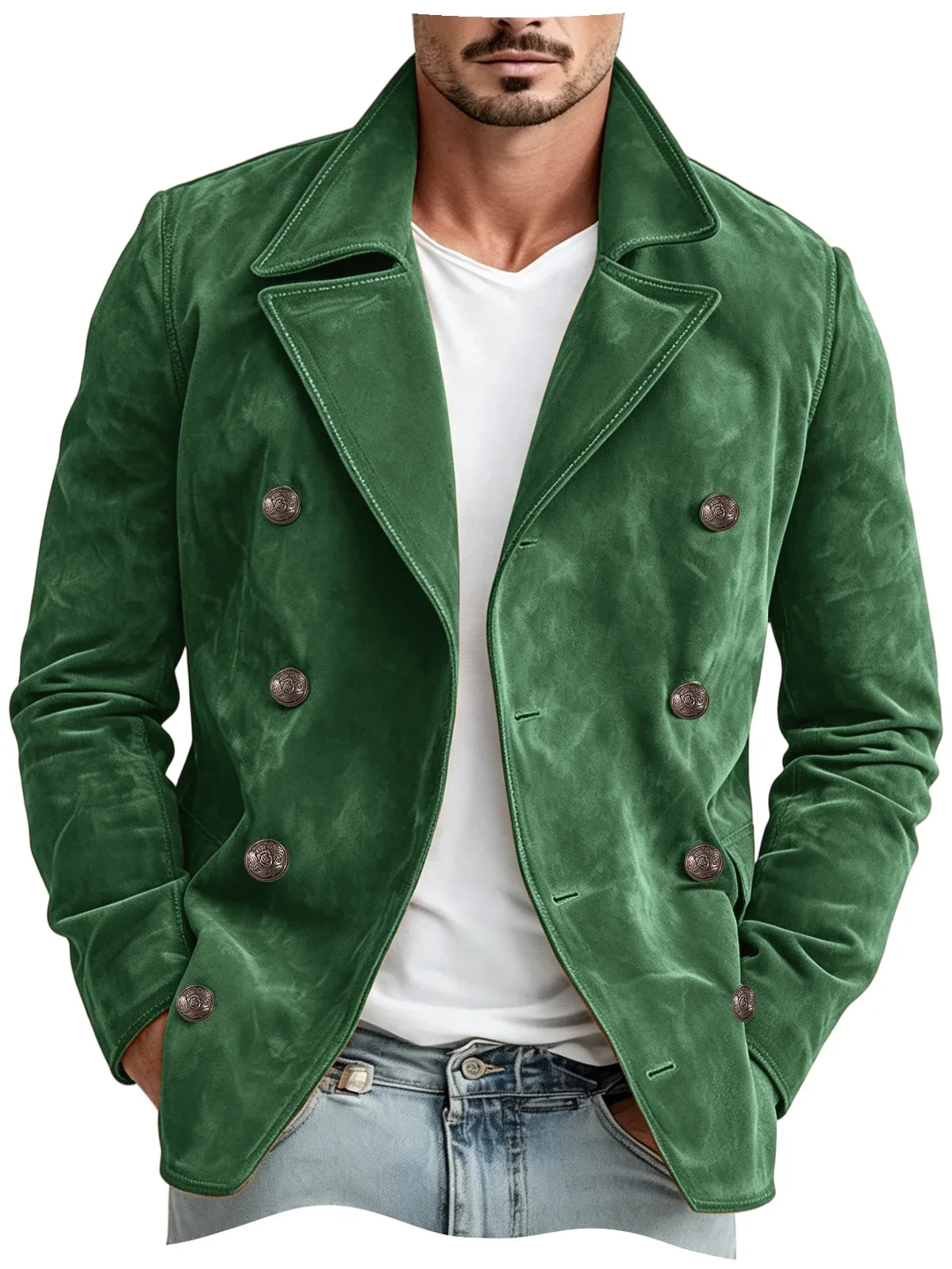 Men Faux Suede Jacket Double Breasted Lapel Collar Casual Blazer Vintage Comfort Business Office Autumn Winter Fashion Male Coat