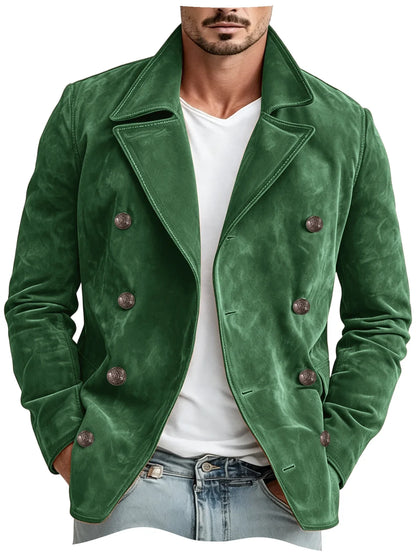Men Faux Suede Jacket Double Breasted Lapel Collar Casual Blazer Vintage Comfort Business Office Autumn Winter Fashion Male Coat