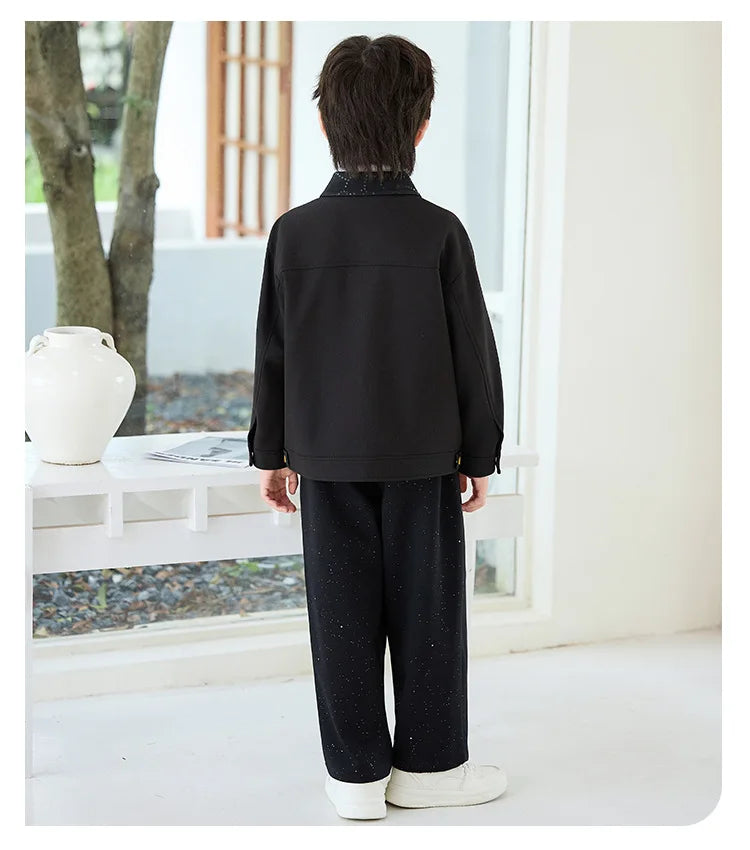 2026 New Autumn Winter Boys' Embroidered Suit Set 90-170 Children's Casual Jackets Pants 2Pieces Clothing Set
