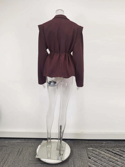 Spring Autumn Fashion Women's Pure Color Belted Shoulder Pad Suit Coat Commute Style Loose Fit Long Sleeve Regular Length
