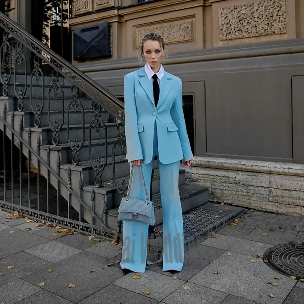 Sky Blue Women Single Button Blazer 2 Piece Suit Notched Lapel Slim Split Pants Set Elegant Office Lady Business Solid Outfit