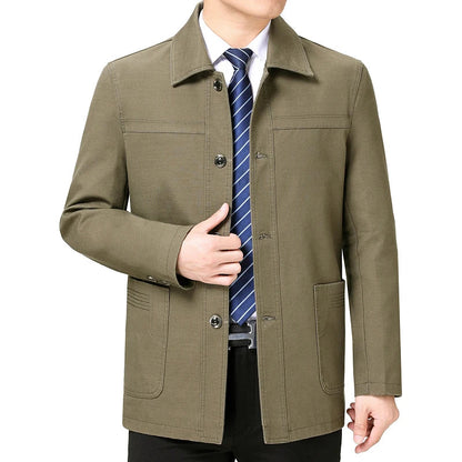 Men's Middle-Aged Cotton Jacket Spring Autumn Lapel Trench Coat Large Size with Buttons Fashionable Classic Outerwear