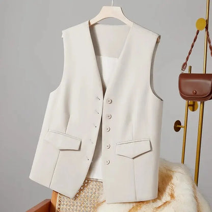 2025 New Women's Blazer High End Casual Vest Waistcoat Female Commuting Slimming Collar Less Sleeveless Short Suit Jacket Lined