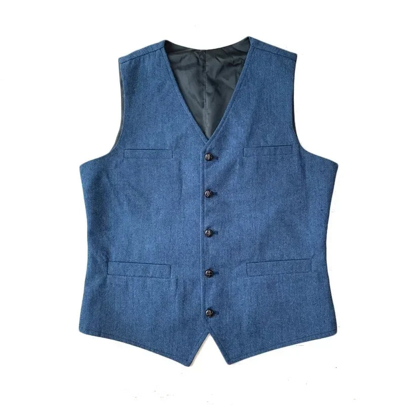 Men's Waistcoat Herringbone Wool Blend V-Neck Single Breasted Vest for Weddings and Smart Casual
