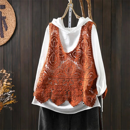 Summer Femme Lace Cotton Lined Vest Spring Women Fashion Knitted Crochet Sleeveless French Lady Hollow-out Sweater Waistcoat Top