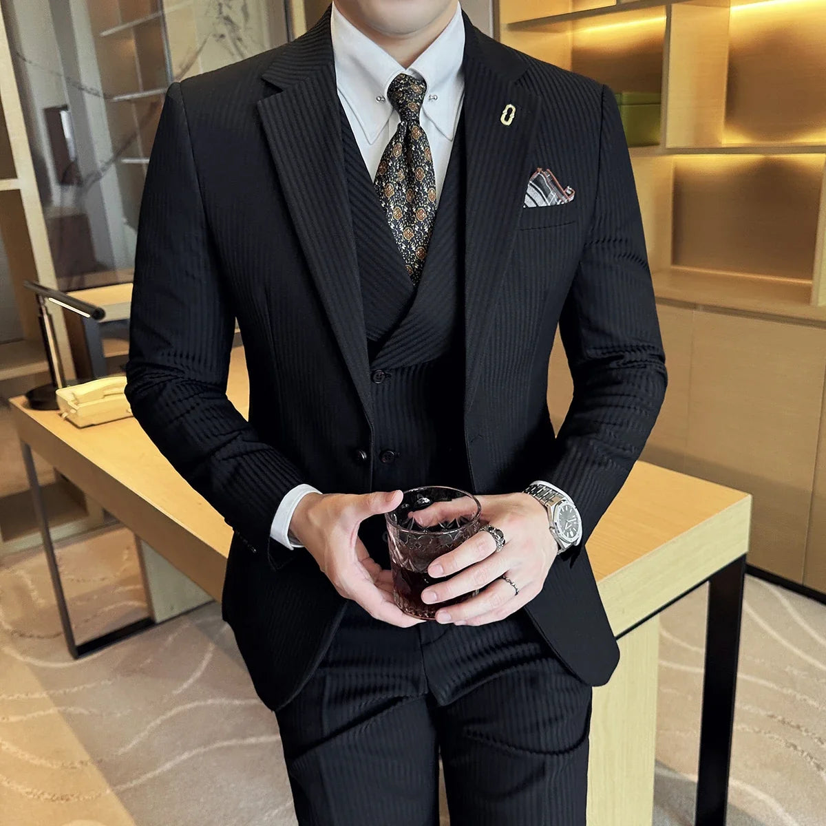 (Jackets+Pants+Vest) Luxury Stripe Men Suit Korean Version Fashion Elegant Slim Fit Tuxedo Formal Groom Wedding Social Suits