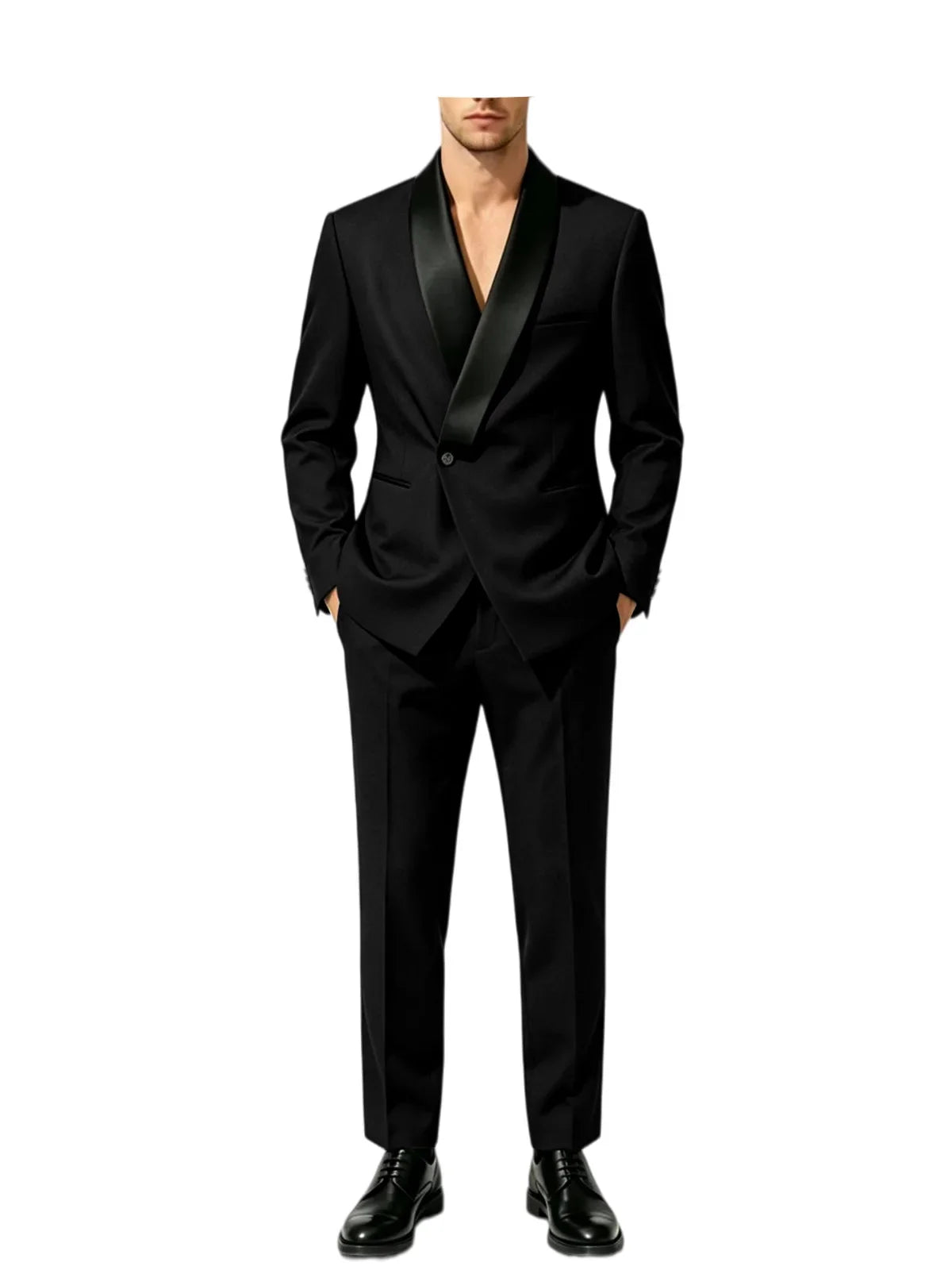 Men's Slim Fit Tuxedo Suit with Black Satin Shawl Lapel – 2-Piece Blazer & Pants for Wedding, Prom & Formal Events