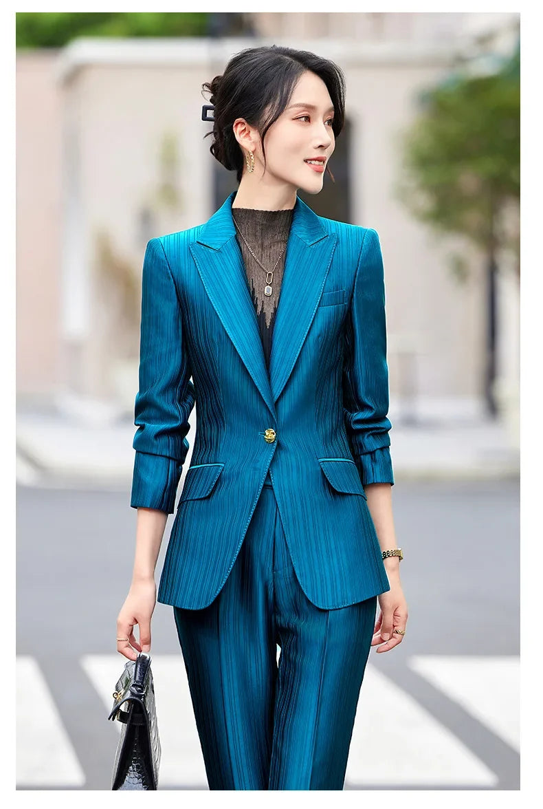 Professional Women's Suit2024New Autumn Green Striped Acetate Suit Workwear Elegant High-end Workplace Formal Wear