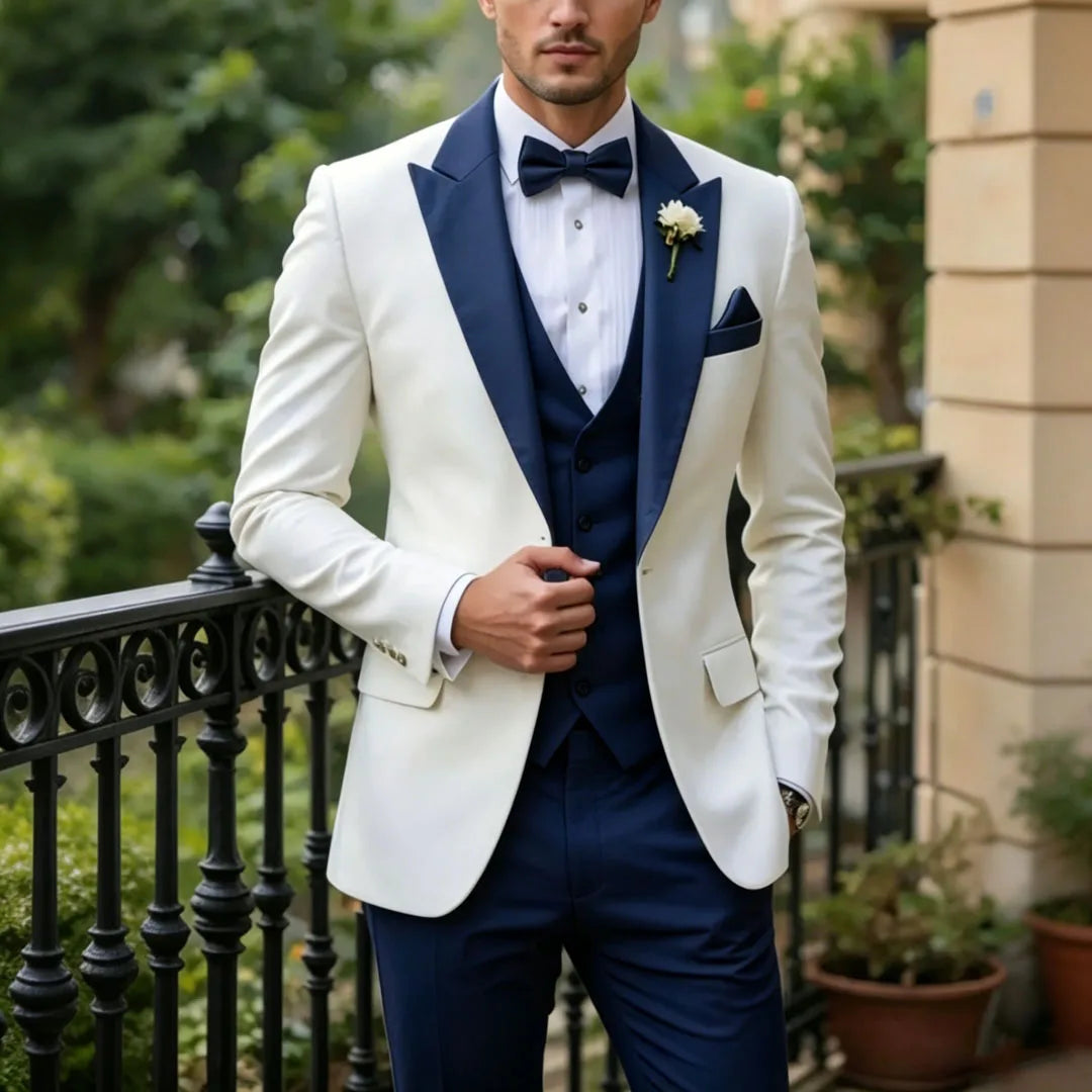 Men Suit Cream 3 Pieces Single Button With Lapel For Wedding Birthday Banquet Party Business Work Office Jacket Vest Pants