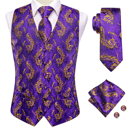 Men's Jacquard Floral Waistcoat Set with Tie, Pocket Square & Cufflinks – Purple Paisley, Wedding & Business