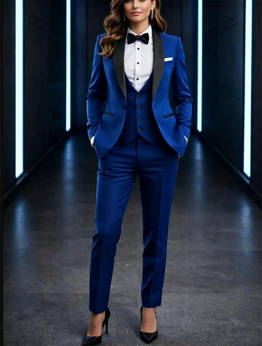 Royal Blue Elegant Suits 3 Pcs For Women's Party Wear Dinner Outfits Women's Tailored Outfits (Blazer+Vest+Pants)