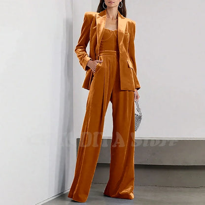 Velvet Women Pants Sets 2 Piece Fashion Peak Lapel Single Breasted Wear Chic Party Casual Office Lady Suits (Blazer+Pants)