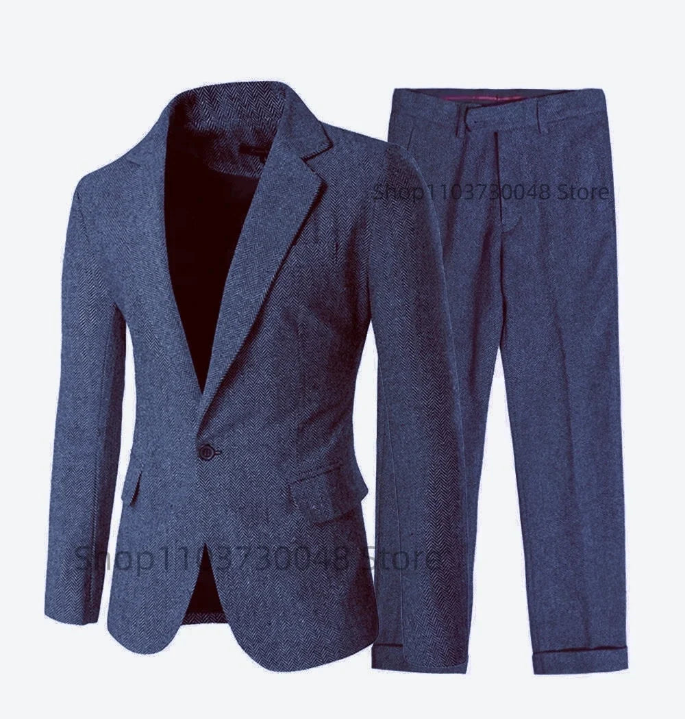 Men’s 2 pieces Silm Fit Bussines Men Suit Herringbone Woolen Cloth For Wedding Groomsmen Notch Lapel One Button Blazer Pants