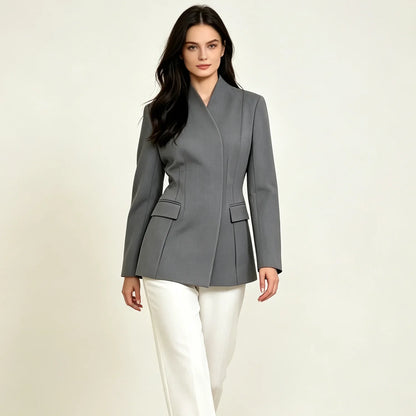 2026 New Women V Neck Blazer No Lapel Waist Shaping Suit Jacket Elegant Office Formal Outerwear 5 Colors