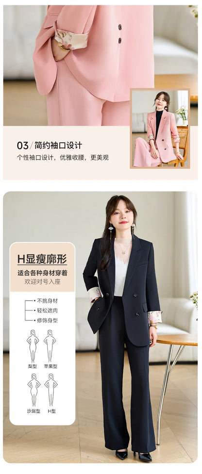Fashion Elegant Solid Women Blazer Pantsuit Casual Vintage Chic Suit Jackets Wide Leg Pants 2 Pieces Set Female Outfits