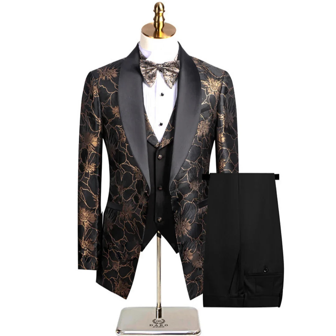 Men Suit 3 Pieces Khaki Floral Pattern Single Button With Lapel For Wedding Banquet Birthday Business Work Jacket Vest Pants