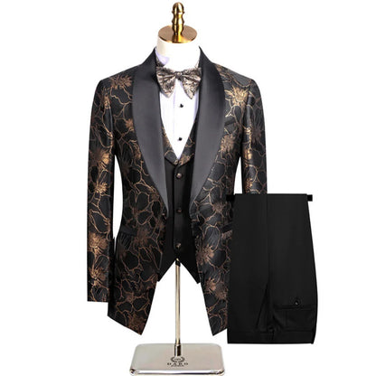 Men Suit 3 Pieces Khaki Floral Pattern Single Button With Lapel For Wedding Banquet Birthday Business Work Jacket Vest Pants