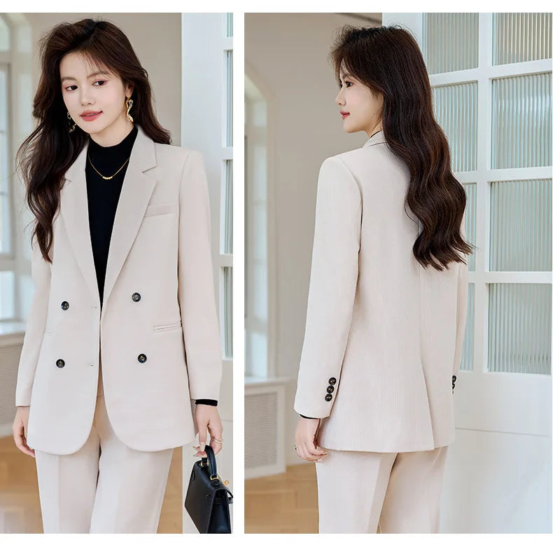 Autumn Winter 2024 New Apricot Coffee Black Elegant Double Breasted Blazer Top And Women High Waist Wide Leg Pant Two Piece Set