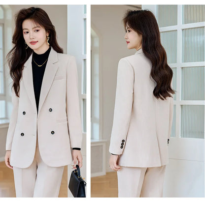 Autumn Winter 2024 New Apricot Coffee Black Elegant Double Breasted Blazer Top And Women High Waist Wide Leg Pant Two Piece Set