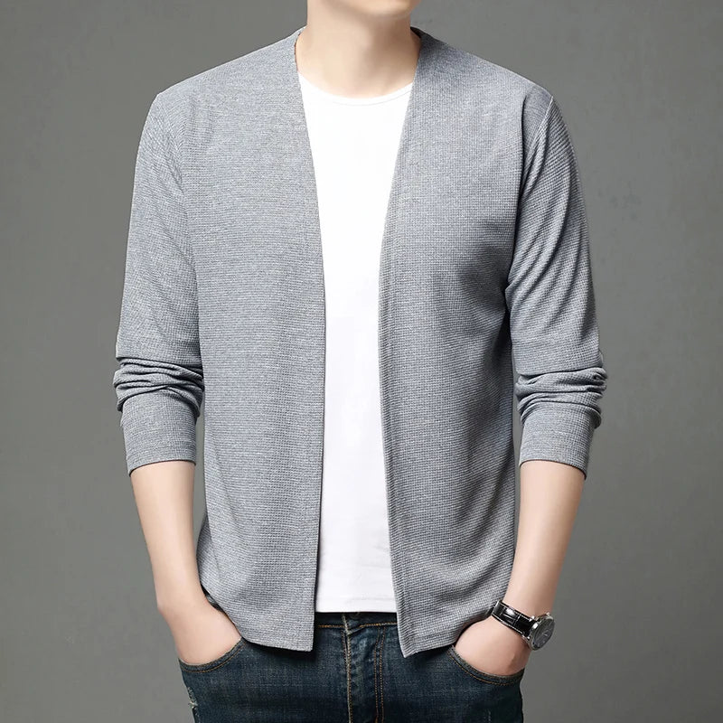 Spring and Summer Solid Color Knitted Cardigan Jacket Sun Protection Clothing Men's Shirt Loose Sleeves Fashionable and Versatil