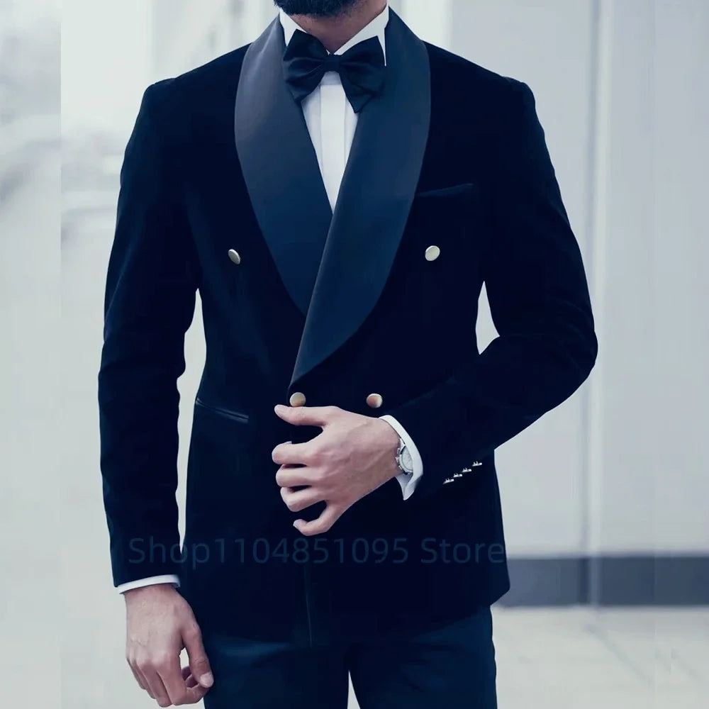 2-Piece Men's Black Velvet Suit Shawl Lapel Double Breasted Suit Blazer Business Wedding Party Men Tuxedos Jacket & Trousers