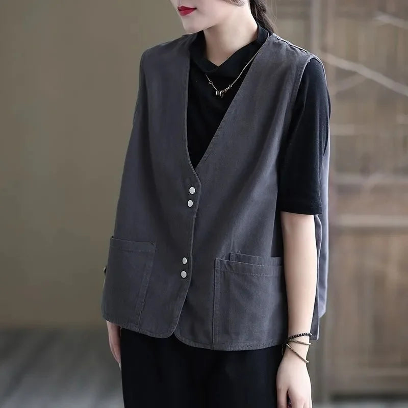 Korean Ladies Solid Color Casual Sleeveless Jacket Autumn Women V-neck Loose Waistcoat Coat Spring Female Fashion Vest Outwear