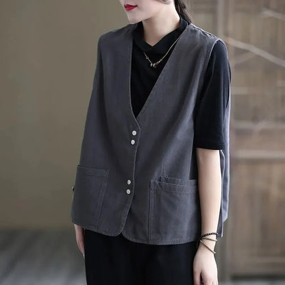 Korean Ladies Solid Color Casual Sleeveless Jacket Autumn Women V-neck Loose Waistcoat Coat Spring Female Fashion Vest Outwear