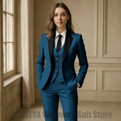 Women Royal Blue 3 Piece Tuxedo Suit Blazer Vest Pants with Black Lapel Slim Fit Formal Party Business Office Outfit