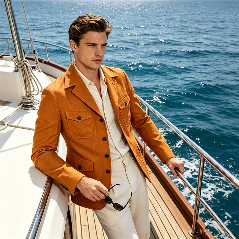 Men's Linen Safari Blazer Four Flap Pockets Slim Soft Jacket Casual Business Coat For Street Outdoor Vacation Party Daily Travel