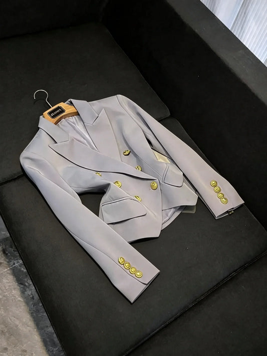 Slim Fit Long Sleeve Double Breasted Commuter Style Women's Suit Professional Office Outerwear Fashionable D9986