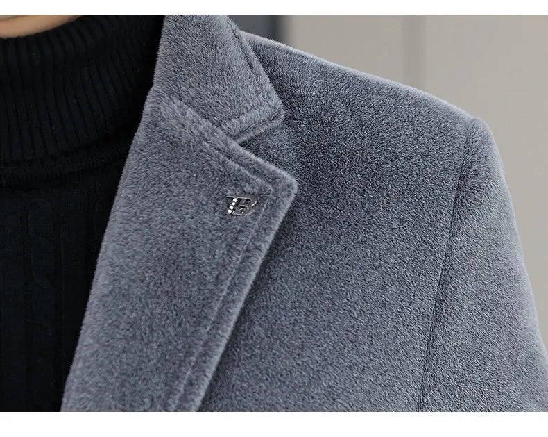 High-quality winter new style mid-length solid color men's fashionable and cool golden mink woolen trench coat with cotton
