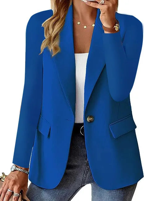 Women's Solid Color Single Button Blazer Autumn Long Sleeve Lapel Office Jacket Slim Fit Casual Workwear with Front Pockets
