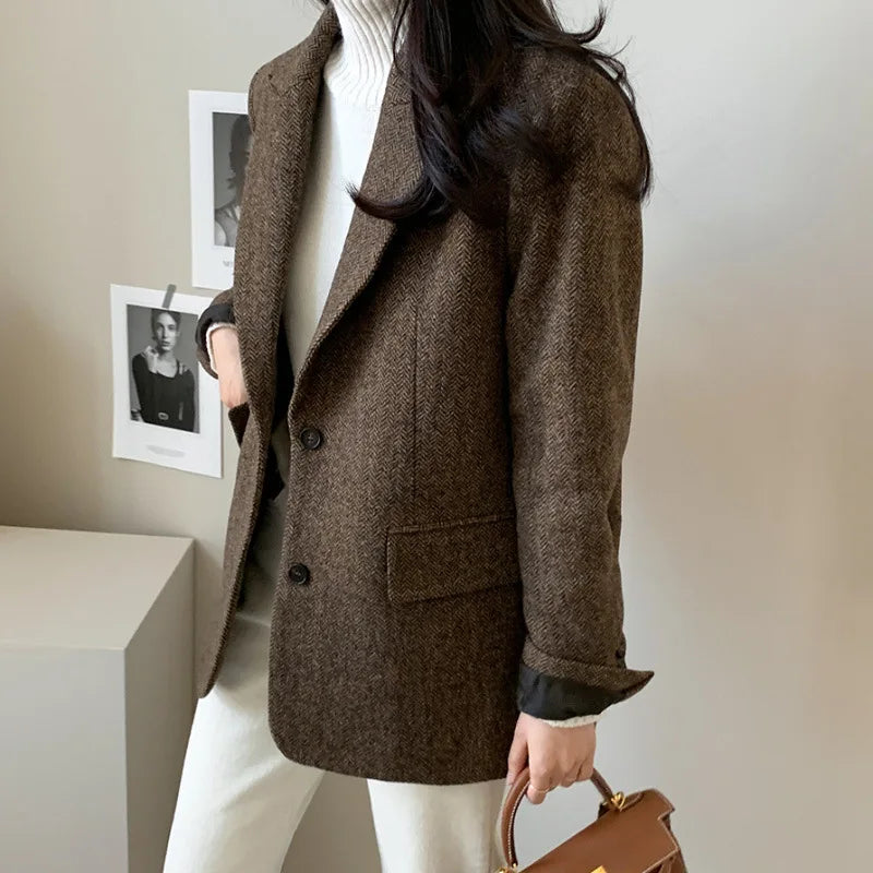 Women's Slim Fit Blazer Autumn Mid-Length Lapel Coat Contrast Cuff Detail Elegant Office & Commute Outerwear