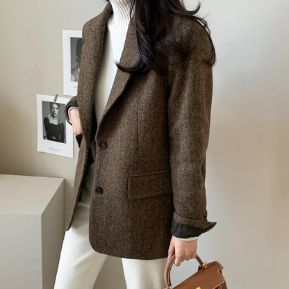 Women's Slim Fit Blazer Autumn Mid-Length Lapel Coat Contrast Cuff Detail Elegant Office & Commute Outerwear