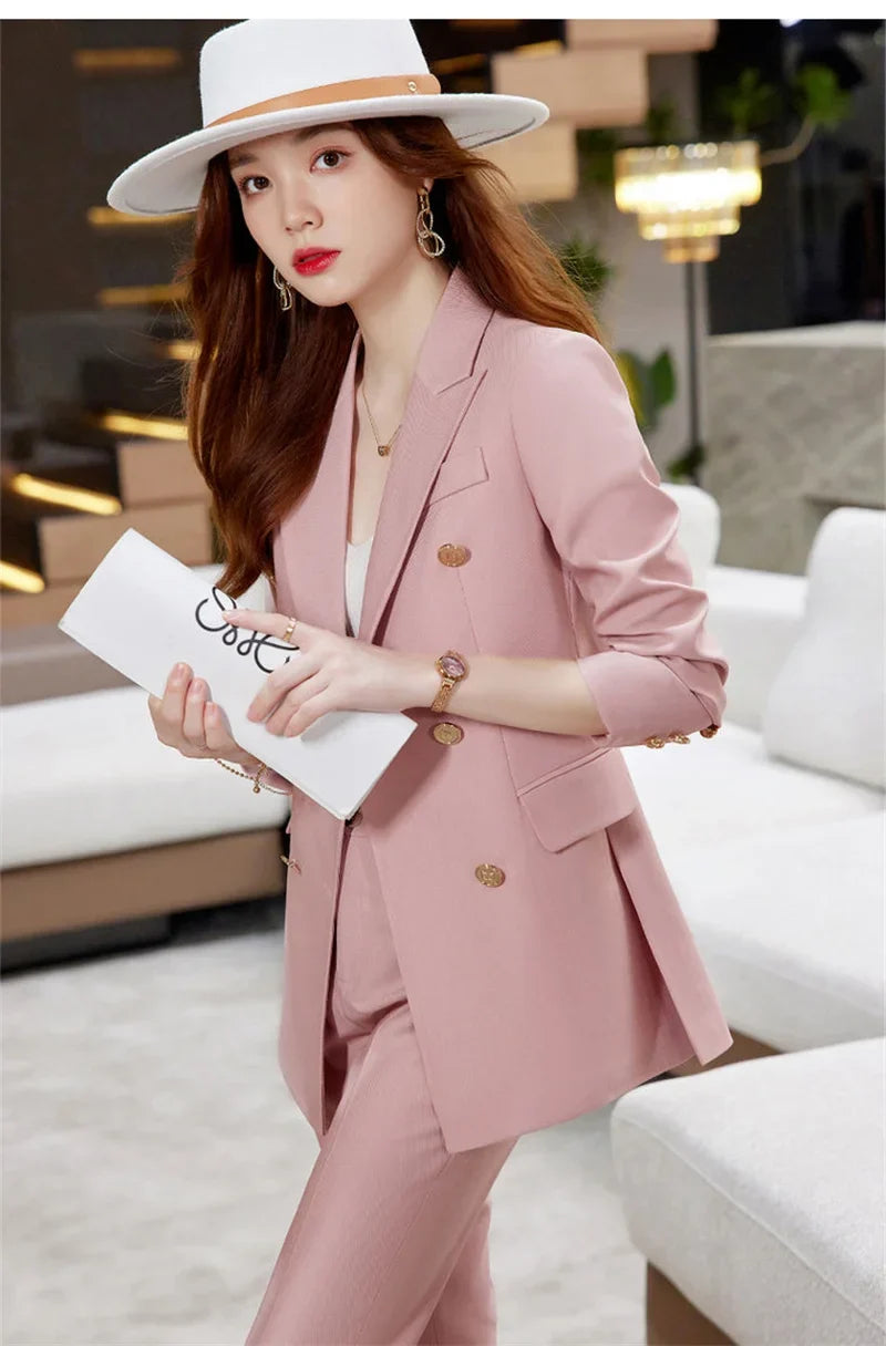2025 Button Decoration Formal Jacket Blazer and Trouser 2 Piece Set Fashion Pink Green Black Ladies Work Wear Pant Suit Women
