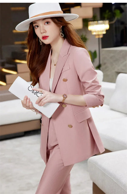 2025 Button Decoration Formal Jacket Blazer and Trouser 2 Piece Set Fashion Pink Green Black Ladies Work Wear Pant Suit Women