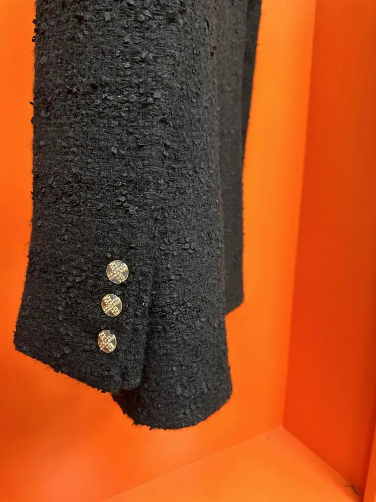 Double Breasted Office Ladies Elegant Black Tweed Jacket Mid Length Fashion Coat Spring Autumn Lapel Straight Women Suit Jacket