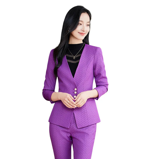Purple Green Fashion Women Pant Suit Office Ladies V-Neck Slim Jacket Blazer And Trouser Female Work Wear Formal 2 Piece Set