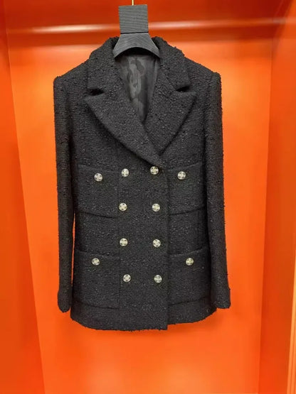 Double Breasted Office Ladies Elegant Black Tweed Jacket Mid Length Fashion Coat Spring Autumn Lapel Straight Women Suit Jacket