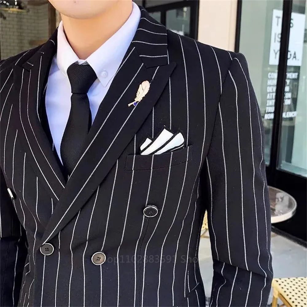 2 Pieces Stripe Fit Business Korean Edition Vertical Double Breasted Suit Men's Suit Homme Slim Wedding Banquet Set of