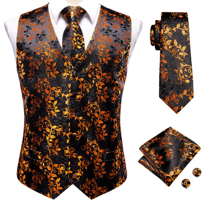 Men's 4-Piece Silk Floral Vest Set – Single Breasted Wedding Waistcoat with Tie, Pocket Square & Cufflinks