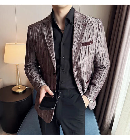 Korean Trend 3D Pleated Suit Jacket for Men Wedding Groom Business Dress Jacket Casual Banquet Party Host Blazer Masculino