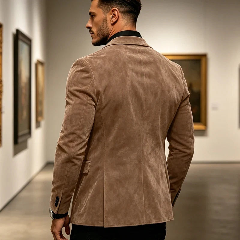 Luxury Men's Suede Texture Blazer Notched Lapel Slim Fit 2 Button Sport Coat Business Casual Formal Wedding Party Suit Jacket