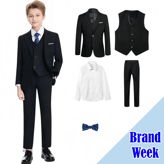 Boys Suit Set Kids Formal Wear Notched Lapel Single Breasted 4-Piece Suit for Weddings & Communion