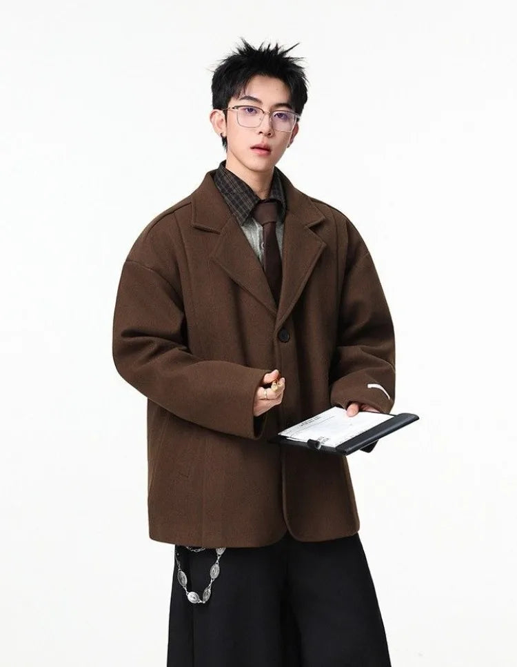 Men's British Style Brown Wool Blend Blazer Korean Loose Lapel Chic Autumn Fashion Suit Jacket