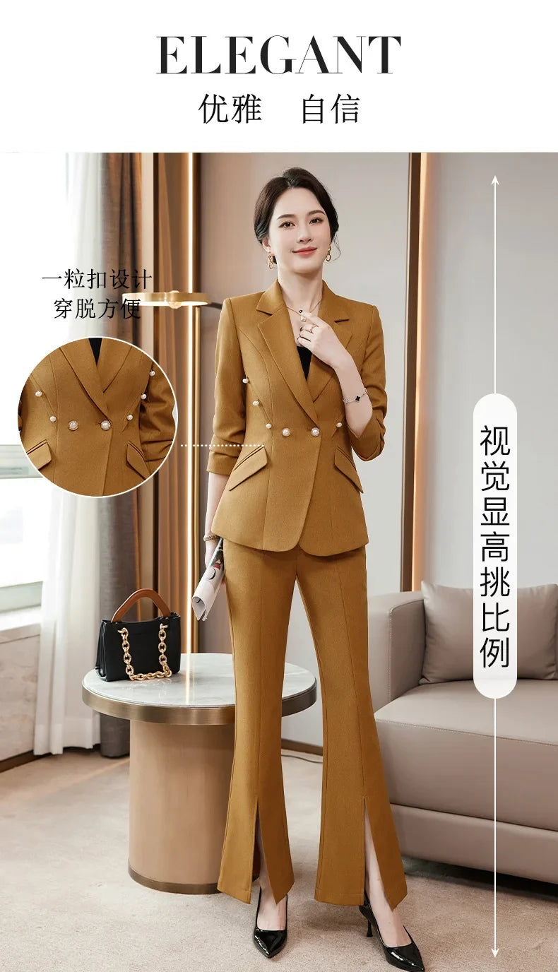 Office Lady Formal Blazer Pants Suits 2 Piece Matching Set Conjuntos Para Mujeres Plus Size Jacket Split Flare Pants Sets New